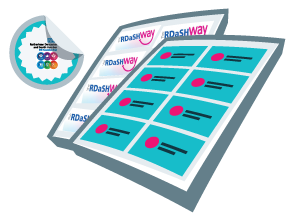 image of 2 sheets of colourful printed labels and a circular printed sticker