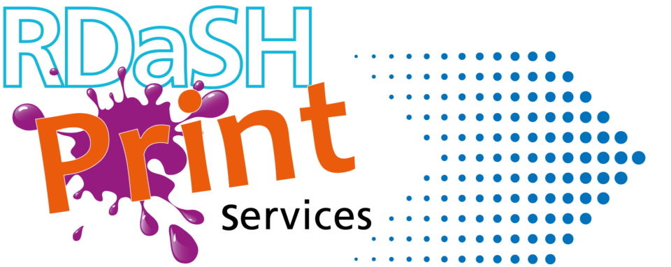 RDaSH print services in colourful bold font with a splatter of purple ink behind and an arrow made of blue dots to the right of the text